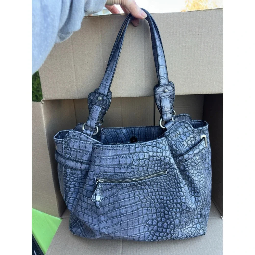 Jessica Simpson Blue Croc Embossed Tote Bag Faux Leather Shoulder Bag W/wristlet